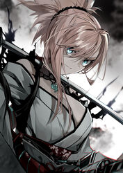  absurdres bare_shoulders blue_eyes breasts cleavage earrings fate/samurai_remnant fate_(series) female grey_kimono hair_ornament highres japanese_clothes jewelry katana kimono kino_kokko large_breasts long_hair long_sleeves looking_at_viewer magatama miyamoto_musashi_(fate) obi pink_hair ponytail rope_belt sash smile solo swept_bangs sword weapon wide_sleeves 