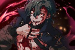  1boy absurdres ariisoo barbell_piercing blood blood_on_face buckle fire_emblem fire_emblem_engage green_hair griss_(fire_emblem) hair_between_eyes highres jewelry looking_at_viewer male_focus multiple_piercings nipple_bar nipple_piercing open_mouth piercing red_eyes ring short_hair solo 