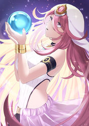  absurdres armlet clothing_cutout female from_side halterneck heaven_burns_red highres holding_orb leotard long_hair nil_(pixiv_53614557) open_mouth orb pink_hair purple_eyes sakuraba_seira side_cutout skirt smile solo veil very_long_hair wristband 