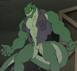  abs absurd_res anthro batman_(series) biceps clothing crocodilian crocodylid dc_comics deuzion hi_res jacket killer_croc male muscular muscular_anthro muscular_male muscular_thighs pecs reptile scalie sharp_teeth solo teeth topwear yellow_eyes 