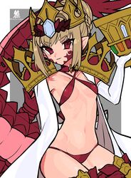  bikini blonde_hair braid breasts chalice criss-cross_halter crown cup dragon_claw dragon_tail elbow_gloves facial_mark fate/grand_order fate_(series) female french_braid gloves gold_crown hacco_mayu hair_bun hair_intakes halterneck highres long_hair looking_at_viewer navel nero_claudius_(fate) open_clothes pointed_crown pointy_ears queen_draco_(fate) queen_draco_(second_ascension)_(fate) red_bikini red_eyes robe scales single_glove small_breasts smile solo swimsuit tail white_gloves white_robe 