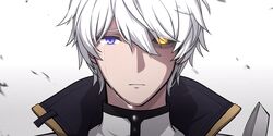  1boy absurdres blue_eyes close-up closed_mouth crying crying_with_eyes_open glowing glowing_eye hair_between_eyes hair_over_one_eye heterochromia highres honkai_(series) honkai_impact_3rd kaixuan_lushang kevin_kaslana looking_at_viewer male_focus short_hair simple_background solo tears white_background white_hair yellow_eyes 