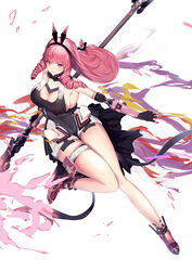  absurdres ayla:_kaleido_(punishing:_gray_raven) ayla_(punishing:_gray_raven) black_hairband black_shirt breasts cleavage drill_hair drill_sidelocks female hairband highres holding holding_polearm holding_weapon large_breasts long_hair mechanical_arms pink_eyes pink_hair polearm punishing:_gray_raven shirt sideboob sidelocks solo takashi_san thigh_strap weapon 