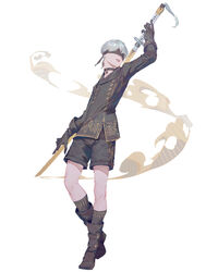  1boy 9s_(nier:automata) black_choker black_footwear black_gloves black_jacket black_shorts black_socks blindfold choker covered_eyes full_body gloves grey_hair hand_up highres holding holding_sword holding_weapon jacket long_sleeves male_focus nier:automata nier_(series) parted_lips short_hair short_shorts shorts socks solo sword umber weapon white_background 