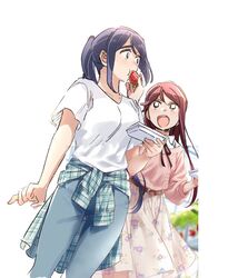  2girls :d belt blue_hair commentary dengeki_g&#039;s denim feeding flower_skirt food fruit half_updo inou_shin jeans korean_commentary long_hair love_live! love_live!_sunshine!! matsuura_kanan multiple_girls open_mouth pants pito_(sh02327) ponytail purple_hair red_hair sakurauchi_riko shirt short_hair skirt smile strawberry tied_sweater white_background white_shirt yellow_eyes yuri 