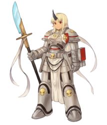  absurdres armor bad_link blonde_hair commission cosplay dark-skinned_female dark_skin female full_body glaive_(polearm) grey_knight grey_knight_(cosplay) heresy highres holding holding_polearm holding_weapon horns long_hair looking_at_viewer monster_girl monster_musume_no_iru_nichijou ogre ornate pauldrons pointy_ears polearm red_eyes shoulder_armor simple_background single_horn smile solo sookmo spear standing tionishia warhammer_40k weapon white_background 