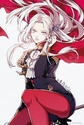  black_jacket cape chinese_commentary commentary_request edelgard_von_hresvelg female fire_emblem fire_emblem:_three_houses floating_hair forehead garreg_mach_monastery_uniform gloves grey_background grey_eyes hand_up highres jacket kagari6496 long_hair long_sleeves looking_at_viewer pantyhose parted_lips red_cape red_pantyhose simple_background solo thighs weibo_watermark white_gloves white_hair 