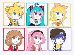  2boys 4girls aqua_eyes aqua_hair beanie black_bow black_necktie blonde_hair blue_eyes blue_hair bow bowtie brown_hair cardigan_vest commentary english_commentary everyone fur-trimmed_jacket fur_trim gyari_(imagesdawn)_(style) hair_ornament hairband hairbow hairclip hat hatsune_miku highres jacket kagamine_len kagamine_rin kaito_(vocaloid) long_hair megurine_luka meiko_(vocaloid) multiple_boys multiple_girls nandemo_iu_koto_wo_kiite_kureru_akane-chan_(voiceroid) necktie open_mouth orange_bow parody pink_hair scarf shirt short_hair short_ponytail spaghetti_strap spiked_hair spring_onion spring_onion_necklace star_(symbol) star_hair_ornament starcircuits straight_hair style_parody swept_bangs t-shirt turtleneck twintails very_long_hair vocaloid yellow_scarf 