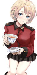  absurdres bad_id bad_pixiv_id bare_legs black_skirt blonde_hair blue_eyes braid breasts closed_mouth cowboy_shot cup darjeeling_(girls_und_panzer) female french_braid girls_und_panzer highres holding holding_cup jacket ka1se1 large_breasts light_smile long_sleeves looking_at_viewer miniskirt pleated_skirt red_jacket short_hair simple_background skirt solo st._gloriana&#039;s_military_uniform teacup white_background 