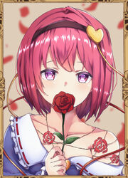  bad_id bad_pixiv_id blue_shirt blush brown_hairband collarbone colored_eyelashes female floral_print flower flower_to_mouth frilled_shirt_collar frills hair_between_eyes hair_ornament hairband heart heart_hair_ornament hojiro_same komeiji_satori long_sleeves looking_at_viewer off_shoulder petals pink_eyes purple_eyes ribbon-trimmed_collar ribbon_trim rose rose_petals rose_print shirt short_hair solo string touhou upper_body 