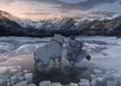  back bear capelet cloud evening fate/grand_order fate_(series) female hat ice illyasviel_von_einzbern jewelry long_hair long_sleeves mono_(freerotary) mountain mountainous_horizon necklace outdoors pantyhose photoshop_(medium) polar_bear shirou_(bear)_(fate) sitonai_(fate) sky solo standing sunlight white_hair 