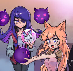  2girls :d ahri_(league_of_legends) alternate_costume alternate_hairstyle ball blue_eyes blush breasts commentary couch eyepatch floating gradient_background grey_jacket holding jacket large_breasts league_of_legends long_hair long_sleeves multiple_girls oerba_yun_fang official_alternate_costume open_mouth phantom_ix_row red_jacket short_sleeves smile star_guardian_(league_of_legends) star_guardian_ahri star_guardian_pet star_guardian_syndra sweatdrop symbol-only_commentary syndra teeth upper_body 