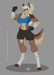  abs anthro arm_wraps athletic_wear bandage blonde_hair blue_eyes bottomwear bra broad_shoulders brown_body brown_fur canid canine canis clothing digitigrade elnora_karkhov exercise feet female flexing flexing_bicep fluffy fluffy_tail foot_wraps fur gloves gym_bottomwear gym_shorts hair hand_wraps handwear hi_res leg_wraps mammal muscular muscular_anthro muscular_arms muscular_female muscular_thighs ponytail shorts simple_background solo sports_bra tail tan_body tan_fur thick_thighs tight_bottomwear tight_clothing tight_shorts tight_topwear topwear underwear wmdiscovery93 wolf workout workout_clothing workout_outfit wraps 