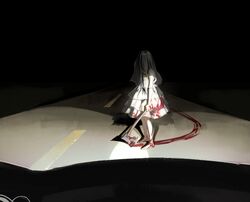  axe bad_id bad_twitter_id bare_arms barefoot black_hair blood blood_on_clothes blood_on_feet blood_on_leg blood_trail chikapuka commentary covered_face dress female hair_over_face highres holding holding_axe horror_(theme) layered_dress long_hair night original pov road see-through shadow short_dress sleeveless sleeveless_dress solo standing straight_hair street veil white_dress 