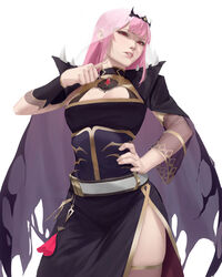  belt black_cape black_dress breasts cape cleavage_cutout clothing_cutout cowboy_shot crown dress female highres hololive hololive_english large_breasts lipstick long_hair long_sleeves looking_at_viewer makeup mori_calliope mori_calliope_(1st_costume) parted_lips pink_hair pink_lips red_eyes simple_background slit_throat_(gesture) solo thighhighs tiara torn_cape torn_clothes umber veil virtual_youtuber white_background white_belt wristband 