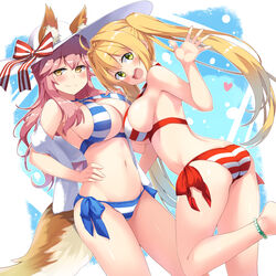  2girls absurdres ahoge alternate_color animal_ear_fluff animal_ears ass bare_shoulders bikini blonde_hair blue_bikini blush bow breasts cleavage collarbone cosplay ears_through_headwear fate/grand_order fate_(series) fox_ears fox_tail green_eyes hair_between_eyes hair_intakes halterneck hand_up hands_on_own_hips hat hat_bow heart highres jewelry large_breasts long_hair looking_at_viewer matching_outfits multiple_girls navel nero_claudius_(fate) nero_claudius_(swimsuit_caster)_(fate) nero_claudius_(swimsuit_caster)_(fate)_(cosplay) photoshop_(medium) pink_hair red_bikini side-tie_bikini_bottom sling_bikini_top smile stomach striped_bikini striped_bow striped_clothes subaru_(794829485) sun_hat swimsuit tail tamamo_(fate) tamamo_no_mae_(swimsuit_lancer)_(fate) tamamo_no_mae_(swimsuit_lancer)_(third_ascension)_(fate) thighs twintails yellow_eyes 