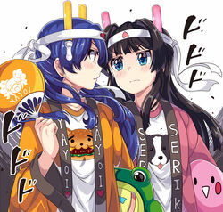  2girls bad_id bad_pixiv_id black_hair blue_eyes blue_hair brown_eyes commentary_request glowstick hand_fan hand_fan_writing happi headband highres idolmaster idolmaster_(classic) idolmaster_million_live! japanese_clothes kisaragi_chihaya long_hair looking_at_another mogami_shizuka multiple_girls paper_fan penlight_(glowstick) print_shirt shirt stuffed_toy takezaka_tarou wide_sleeves wotagei 