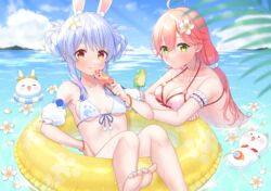  2girls 35p_(sakura_miko) absurdres animal animal_ears arm_garter bad_id bad_pixiv_id barefoot bikini blue_hair blush bracelet braid braided_bun breasts cherry_blossom_print day detached_sleeves double_bun extra_ears feet feline floral_print flower flower_on_liquid food frills gloves green_eyes hair_bun hair_flower hair_ornament hair_scrunchie highres holding holding_food hololive innertube jewelry legs licking_lips light_rays long_hair low_ponytail multicolored_hair multiple_girls nail_polish ocean orange_eyes outdoors partially_submerged pekomon_(usada_pekora) pink_hair pom_pom_bikini popsicle puffy_short_sleeves puffy_sleeves rabbit rabbit_ears rabbit_girl sakura_miko scrunchie short_sleeves sky smile streaked_hair sunbeam sunlight swim_ring swimsuit thick_eyebrows toe_scrunch toenail_polish toenails toes tomozu tongue tongue_out two-tone_hair underboob usada_pekora virtual_youtuber white_gloves 