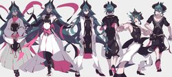  1boy aqua_hair arms_at_sides bad_id bad_pixiv_id black_horns black_legwear bridal_gauntlets closed_eyes gold_trim highres holding holding_poke_ball horns jewelry lemming_no_suana long_hair long_sleeves malamar male_focus multiple_views necklace personification pink_ribbon poke_ball pokemon pose ribbon short_hair short_sleeves skirt sleeveless standing very_long_hair white_skirt wide_sleeves 