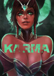  absurdres backlighting bare_shoulders black_hair breasts breasts_squeezed_together character_name cleavage commentary dark-skinned_female dark_skin detached_collar english_commentary female forehead_jewel green_eyes hair_ornament hair_tubes highres karma_(league_of_legends) large_breasts league_of_legends makeup mascara monori_rogue photoshop_(medium) solo 