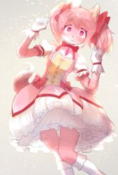  absurdres animal_ears body_fur bow breasts bright_pupils choker commentary dress female frilled_socks frills furrification furry furry_female gloves hairbow highres kaname_madoka kaname_madoka_(magical_girl) leaning_to_the_side magical_girl mahou_shoujo_madoka_magica mahou_shoujo_madoka_magica_(anime) onikuman paw_pose pink_bow pink_dress pink_eyes pink_fur pink_hair puffy_short_sleeves puffy_sleeves red_bow red_choker short_hair short_sleeves small_breasts socks solo twintails white_gloves white_pupils white_socks 