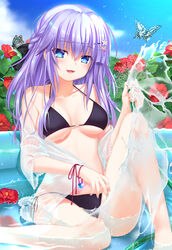  :d bikini black_bikini black_bow blue_eyes bow braid breasts bug butterfly cleavage collarbone female flower french_braid hair_between_eyes hair_flower hair_ornament hairbow halterneck hibiscus highres hose long_hair looking_at_viewer medium_breasts oerba_yun_fang open_clothes open_mouth otou_(otou_san) purple_hair red_flower red_ribbon ribbon side-tie_bikini_bottom sitting smile solo sorakado_ai string_bikini summer_pockets swimsuit swimsuit_cover-up udder wading_pool white_flower wrist_ribbon 