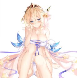  aria_(schwarza97rw0rd) bare_shoulders bikini blonde_hair blue_eyes blue_ribbon blush breasts closed_mouth collarbone europa_(granblue_fantasy) europa_(summer)_(granblue_fantasy) female flower granblue_fantasy hair_flower hair_ornament highres large_breasts looking_at_viewer navel official_alternate_costume ribbon short_hair simple_background solo swimsuit tiara white_background white_bikini 