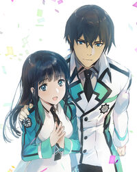  1boy :d black_hair black_necktie blue_eyes brother_and_sister closed_mouth collared_shirt dress female first_high_school_uniform green_jacket grey_shirt hand_on_another&#039;s_shoulder highres ishida_kana jacket long_hair long_sleeves looking_at_viewer mahouka_koukou_no_rettousei necktie open_clothes open_jacket open_mouth photoshop_(medium) school_uniform shiba_miyuki shiba_tatsuya shirt siblings smile straight_hair white_background white_dress wing_collar 