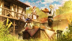  1boy 2girls animal_ears brown_hair craft_lawrence dress family food happy highres holo house jumping long_hair multiple_girls myuri_(spice_and_wolf) official_art plate sash shinsetsu_spice_and_wolf spice_and_wolf stool table tail white_hair wolf_ears wolf_girl wolf_tail you_shimizu 