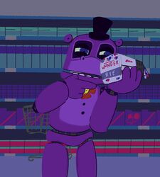  2021 ambiguous_gender animatronic anthro blue_eyes bread bread_loaf clothing common_hippopotamus digital_media_(artwork) fingers five_nights_at_freddy&#039;s food freddy_fazbear&#039;s_pizzeria_simulator gglloooopp hat headgear headwear hippopotamid machine mammal mr._hippo_(fnaf) purple_body robot scottgames solo supermarket teeth wonder_bread 