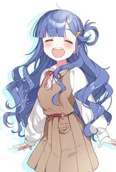  :d =_= asari_nanami banirou blue_hair blunt_bangs blush blush_stickers cowboy_shot dress female fish_hair_ornament hair_ornament happy highres idolmaster idolmaster_cinderella_girls long_hair long_sleeves neck_ribbon open_mouth pinafore_dress pleated_skirt ribbon round_teeth school_uniform silhouette simple_background skirt sleeveless sleeveless_dress smile solo teeth wavy_hair 