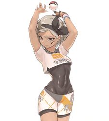  bea_(pokemon) black_bow black_gloves black_hairband bodysuit bow bow_hairband closed_mouth covered_navel cowboy_shot cropped_shirt dark-skinned_female dark_skin female gloves grey_eyes grey_hair hairband hairbow hands_up highres looking_at_viewer partially_fingerless_gloves poke_ball poke_ball_(basic) pokemon pokemon_swsh shirt short_shorts short_sleeves shorts simple_background single_glove solo umber white_background white_shirt white_shorts wristband 