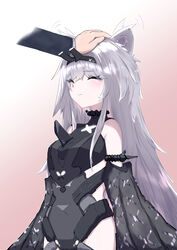  absurdres animal_ears bare_shoulders black_bodysuit black_sleeves bodysuit closed_eyes closed_mouth detached_sleeves ear_wiggle fake_animal_ears female grey_hair headpat highres long_hair long_sleeves no.21:_feral_scent_(punishing:_gray_raven) no.21_(punishing:_gray_raven) punishing:_gray_raven solo_focus takashi_san wolf_ears 