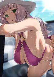  armpits ashiomi_masato bare_shoulders blue_sky blunt_bangs breasts female green_eyes gundam gundam_exa hanging_breasts highres huge_breasts leaning_forward long_hair o-ring pink_hair sky solo sthesia_awar_nono sweat swimsuit thighs wet white_headwear 