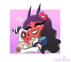  duo female gothiicprince grey_hair hair heart_symbol helluva_boss hi_res horn hug imp long_hair male mother_(lore) mother_and_child_(lore) mother_and_son_(lore) moxxie&#039;s_mother moxxie_(helluva_boss) parent_(lore) parent_and_child_(lore) parent_and_son_(lore) pink_background red_body red_skin simple_background smile son_(lore) white_background yellow_eyes 