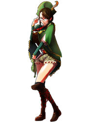  adjusting_eyewear black_thighhighs book boots breasts brown_eyes brown_hair cape commentary_request female full_body glasses guildmarm_(monster_hunter) hat hat_feather highres holding holding_book knee_boots looking_at_viewer monster_hunter_(series) monster_hunter_4 over-kneehighs photoshop_(medium) red-framed_eyewear semi-rimless_eyewear shinmai_koshihikari shorts solo standing swept_bangs thighhighs tricorne under-rim_eyewear 