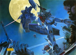  battle beam_rifle blue_destiny_01 building city commentary_request earth_federation energy_gun firing from_behind full_moon game_console glowing gm_(mobile_suit) gun gundam gundam_side_story:_the_blue_destiny holding holding_gun holding_weapon incoming_attack jumping koizumi_kazuaki_production mecha mobile_suit moon moonlight night night_sky no_humans official_art outdoors robot scenery science_fiction sega_saturn shield sky smoke star_(sky) starry_sky sword weapon yellow_eyes zaku_ii 