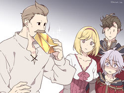  3boys biting black_eyes blonde_hair bow breasts brown_eyes brown_hair caim_(granblue_fantasy) cleavage djeeta_(granblue_fantasy) extra facial_hair female gloves gold_bar granblue_fantasy grey_eyes grey_hair hairband lobelia_(granblue_fantasy) mame_lde moustache multiple_boys o_o |_| 