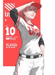  baseball_cap belt black_belt black_eyes cowboy_shot female freckles hand_up hat highres jersey original pants parted_lips pink_hair ponytail red_hat shirt short_sleeves smile solo standing umber white_pants white_shirt 