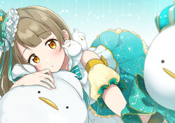  aqua_skirt bow bowtie commentary_request crown dress female light_brown_hair long_hair looking_at_viewer love_live! love_live!_school_idol_festival love_live!_school_idol_project minami_kotori minami_kotori_(bird) official_alternate_costume ribbon side_ponytail skirt solo stuffed_toy yellow_eyes yuama_(drop) 