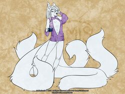  2021 5_fingers alishka anthro avoid_posting breasts clothed clothing digital_media_(artwork) female fingers fur hair krinele_fullin multi_tail smile tail white_body white_fur white_hair 