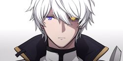  1boy absurdres blue_eyes close-up closed_mouth glowing glowing_eye hair_between_eyes hair_over_one_eye heterochromia highres honkai_(series) honkai_impact_3rd kaixuan_lushang kevin_kaslana looking_at_viewer male_focus short_hair simple_background solo white_background white_hair yellow_eyes 