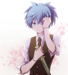  1boy aihara_kaya ansatsu_kyoushitsu arm_up black_necktie blue_eyes blue_hair closed_mouth collared_shirt commentary_request crying crying_with_eyes_open kunugigaoka_middle_school_uniform looking_at_viewer male_focus necktie one_eye_closed school_uniform shiota_nagisa shirt short_sleeves solo tears upper_body white_shirt wiping_tears 