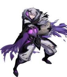  1boy book boots fire_emblem fire_emblem_awakening fire_emblem_heroes full_body gloves highres horns injury komiya_kuniharu male_focus non-web_source official_alternate_costume official_art robin_(fire_emblem) robin_(male)_(fire_emblem) robin_(male)_(resplendent)_(fire_emblem) solo teeth torn_clothes transparent_background white_hair wizard yellow_eyes 