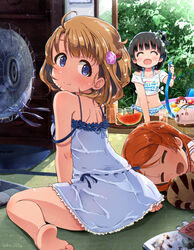  3girls :d ^_^ anko222g bare_legs bare_shoulders barefoot bikini black_hair blue_eyes brown_eyes brown_hair closed_eyes clothes_writing commentary cup drawer dress drinking_glass drooling electric_fan flower food from_behind fruit hair_flower hair_ornament hair_ribbon highres hose idolmaster idolmaster_million_live! idolmaster_million_live!_theater_days indoors long_hair looking_at_viewer multiple_girls nakatani_iku off-shoulder_shirt off_shoulder ogami_tamaki on_floor one_side_up open_mouth orange_eyes orange_hair pillow plant ribbon shirt short_dress short_hair shoulder_blades sitting sleeping sleeveless sleeveless_dress sliding_doors smile spaghetti_strap summer suou_momoko sweat swimsuit tatami thighs tied_shirt tint_me_(idolmaster) wariza watermelon white_dress 