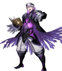  1boy book boots fire_emblem fire_emblem_awakening fire_emblem_heroes full_body gloves highres horns komiya_kuniharu male_focus non-web_source official_alternate_costume official_art open_mouth robin_(fire_emblem) robin_(male)_(fire_emblem) robin_(male)_(resplendent)_(fire_emblem) solo teeth torn_clothes transparent_background white_hair wizard yellow_eyes 