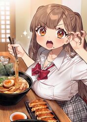  +_+ blunt_bangs blurry blurry_background blush bow bowl bowtie breast_pocket breast_rest breasts breasts_on_table brown_hair chain_necklace chains chibi_kyonyuu chopsticks collarbone collared_shirt commentary cowboy_shot cup depth_of_field dress_shirt drink drinking_glass female food food_on_face fried_egg from_side grey_skirt hands_up high-waist_skirt highres holding holding_chopsticks indoors jewelry kodama_(sakura_yuki) large_breasts long_hair looking_at_viewer meat necklace noodles open_mouth orange_eyes plaid plaid_skirt pleated_skirt pocket ramen red_bow red_bowtie restaurant sakura_yuki_(clochette) sauce saucer sausage school_uniform scowl shirt shirt_tucked_in short_sleeves shouji sidelocks skirt sliding_doors solo sparkle sparkling_eyes steam straight_hair sweat symbol-shaped_pupils table teeth twirling_hair two_side_up upper_teeth_only v-shaped_eyebrows very_long_hair white_shirt wide-eyed wooden_table 