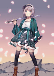  :/ alternate_costume bad_id bad_pixiv_id belt_boots black_hairband black_thighhighs blue_eyes blurry blurry_background blush bob_cut boots breasts brown_footwear cleavage collarbone crack cracked_floor female frilled_skirt frills green_hakama green_jacket green_skirt grey_hair hairband hakama hakama_short_skirt hakama_skirt highres hojiro_same jacket japanese_clothes katana konpaku_youmu long_sleeves medium_breasts over-kneehighs petals scabbard sheath short_hair skirt solo standing stone_floor sword tank_top thighhighs touhou unsheathed weapon white_tank_top wide_sleeves 