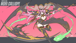  adapted_costume armpits breasts cleavage female highres holding hololive kai_e large_breasts long_hair mori_calliope pink_hair red_eyes scythe skindentation solo veil very_long_hair weapon 