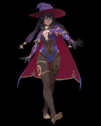  black_background black_choker black_gloves black_hair blue_leotard breasts brown_pantyhose cape choker closed_mouth commentary english_commentary female full_body genshin_impact gloves green_eyes hat high_heels highres leotard long_sleeves looking_at_viewer mona_(genshin_impact) pantyhose purple_cape red_cape simple_background small_breasts smile solo thigh_gap twintails two-sided_cape two-sided_fabric umber walking witch_hat yellow_footwear 